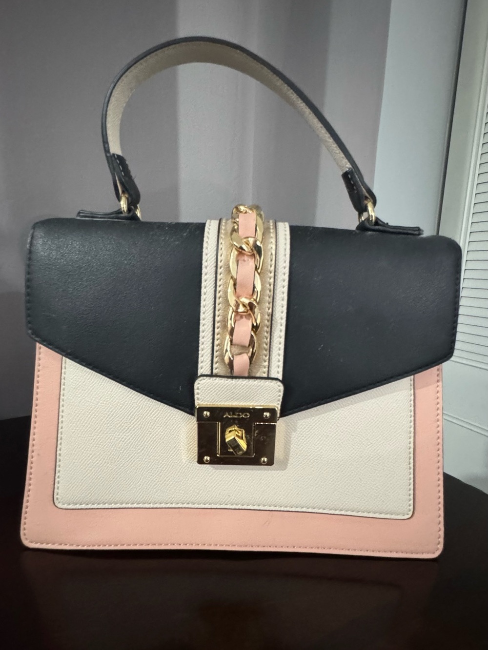 Aldo Structured Tri-Panel Satchel in Black, Cream & Pink